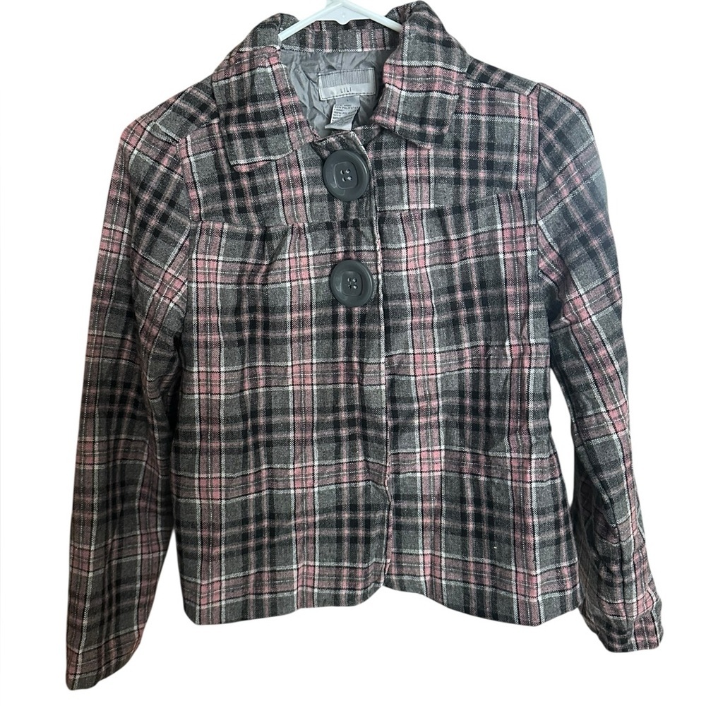 Miss Lili Black and Pink Plaid Wool Blend Kids Pea Coat